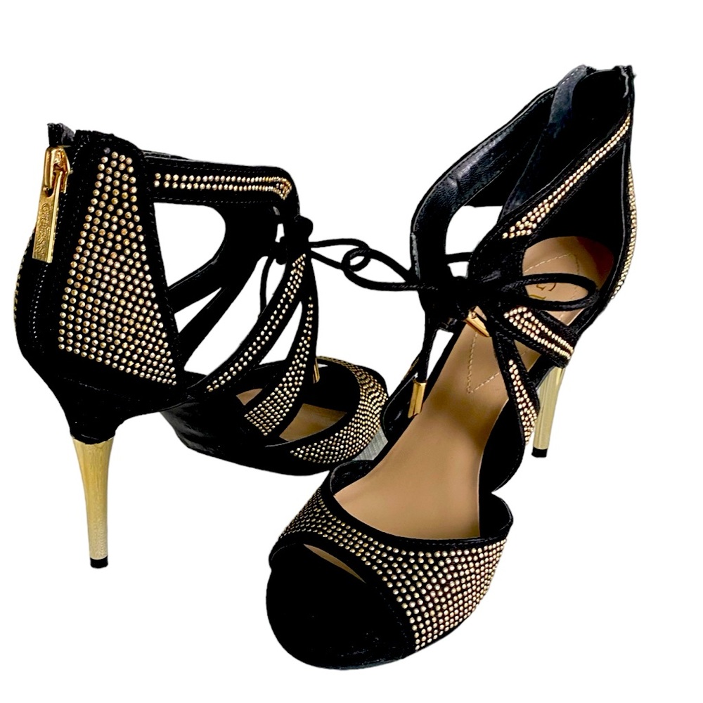 Guess Women’s  Black Velvet Gold Pin Dot. Stilletto Sandals. Size 7.5 M
